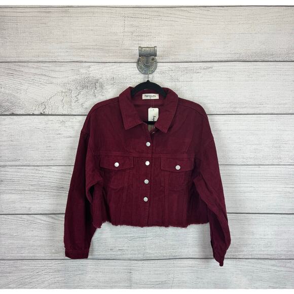 Impressions Women's Burgundy Corduroy Smiley Face Cropped Jacket Size Medium - Picture 1 of 8